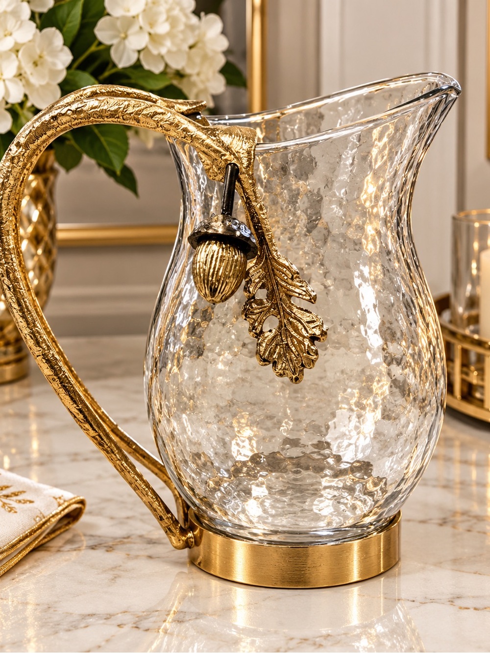 Glass Pitcher with Gold Leaf Handle - Elegant Home Dining Pitcher